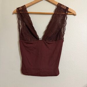 Free People Deep Red Lace Detail Top